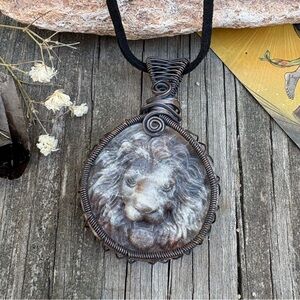 Men’s Moonstone Lion Pendant Necklace Oxidized / Wire Wrapped